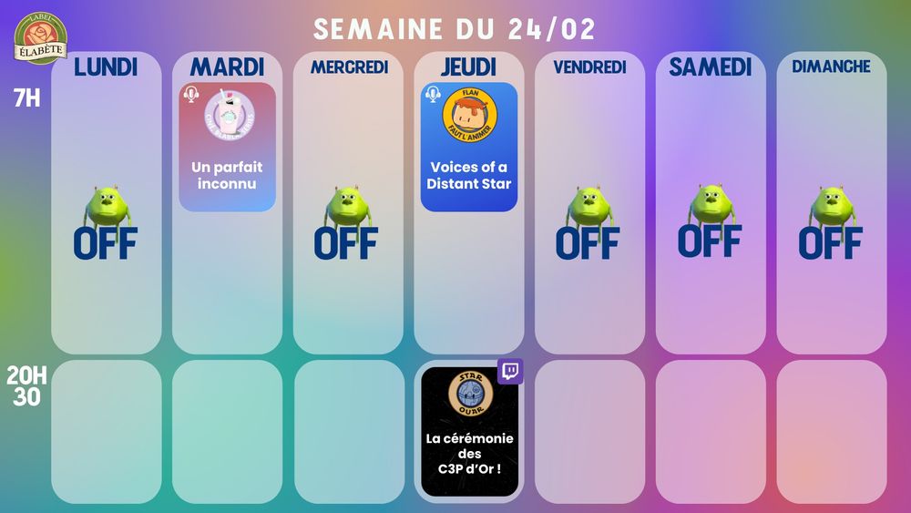 Popcorn Therapy mardi 7h, FLAN jeudi 7h, STAR OUAR jeudi 20h30