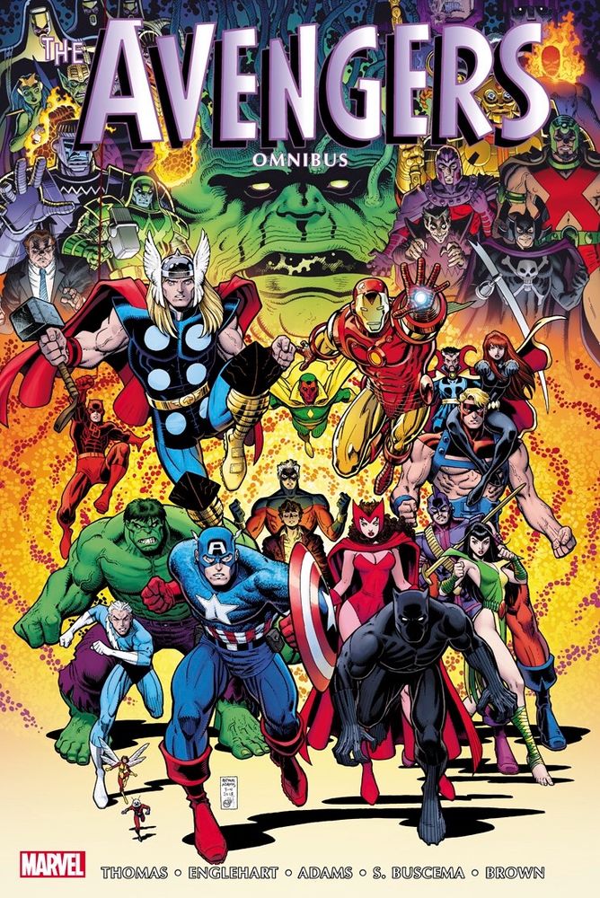 Avengers omnibus cover. Big group of Sliver Ge and Bronze Age Avengers pose in front of a selection of baddies.