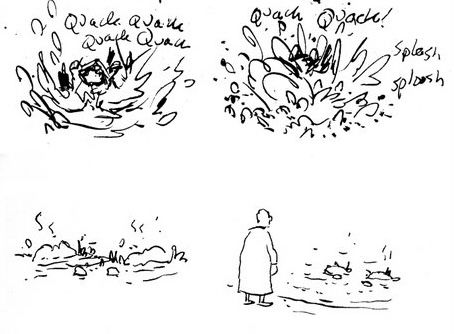 The ducks fight to the death and the old lady is left staring at two dead floating ducks.