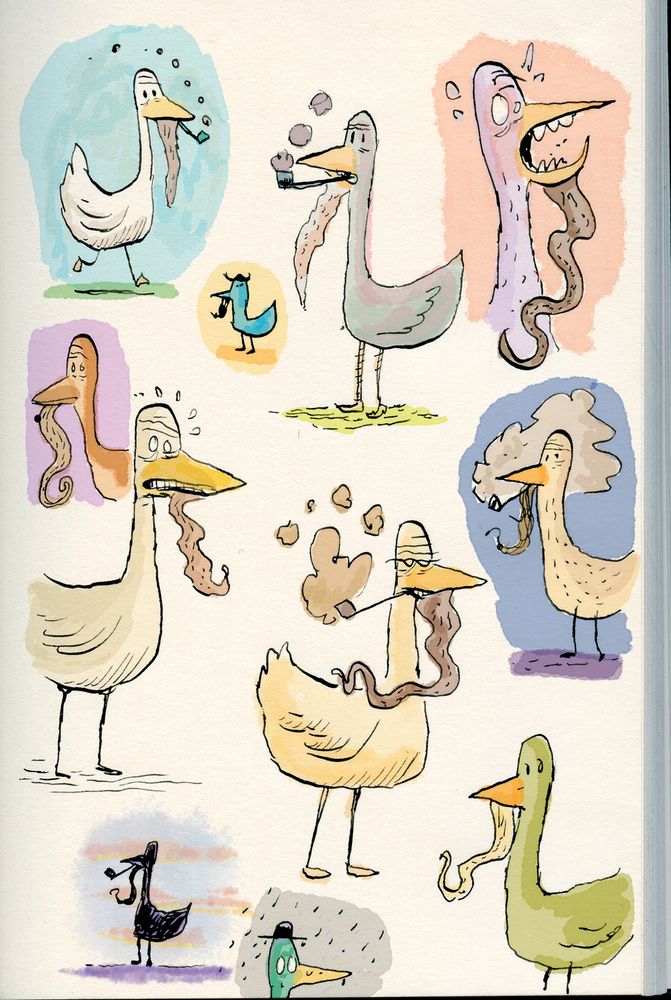 Weird drawings of ducks with beards smoking pipes.
