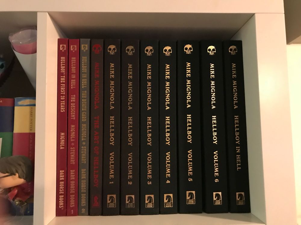 Library editions of Mike Mignola’s Hellboy, including Hellboy in Hell Library edition and special edition SDCC hardbacks.