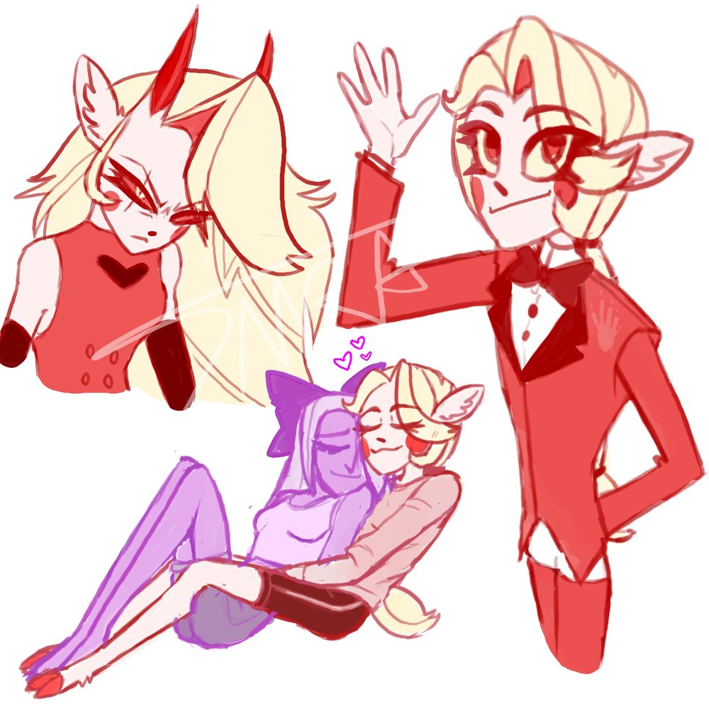 Three separate doodles of charlie. One in her regular form, one in her angry demon form, and one of her cuddled up with Vaggie. We love lesbians