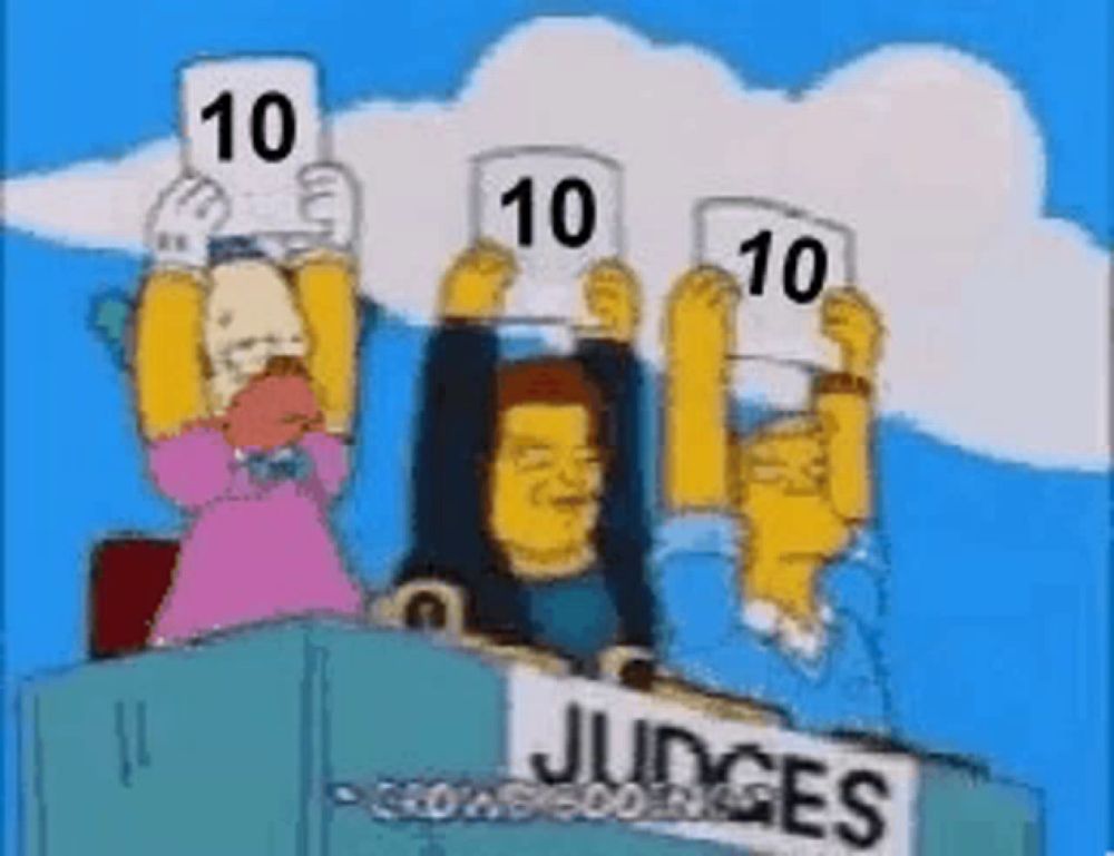 a group of cartoon characters holding up signs that say judges .