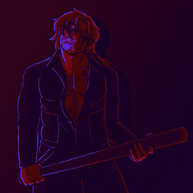 A stylized illustration of Michael Myers with long hair, wearing a partially unbuttoned coverall, holding a bat. He is drawn with facial paralysis on the right side of his face.