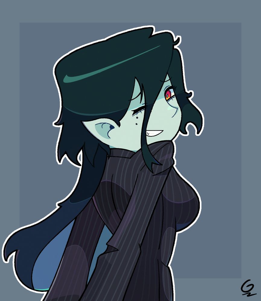 Mae's original character Teal, a vampire lady in a grey and striped suit. A portrait with her back to the viewer looking back.
Winking to the viewer.