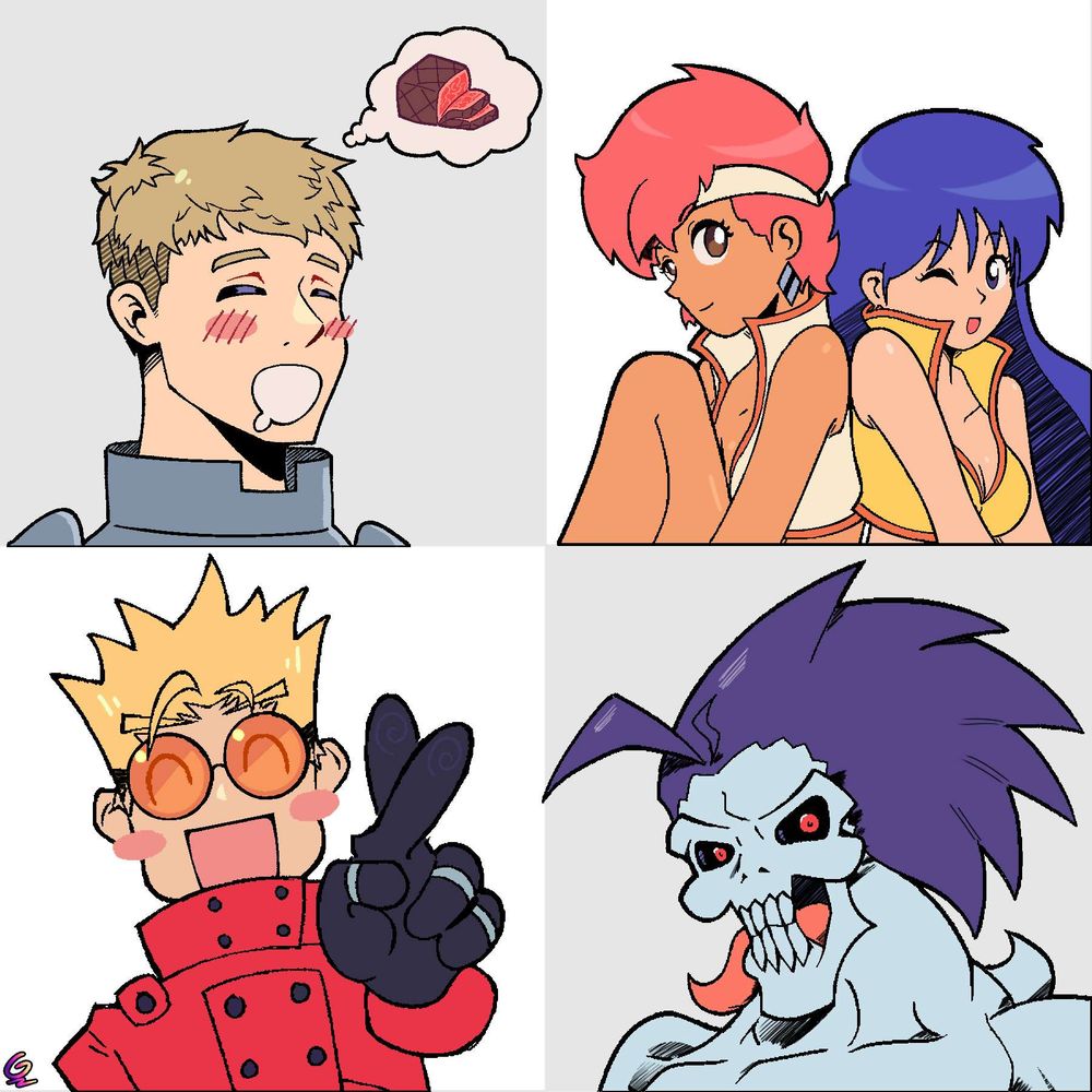 Pile of icon fanarts I drew based on moot requests.
From left to right, up to down:
-Laios from Dungeon Meshi (requested by Mango)
-Kei and Yuri, the Dirty Pair (requested by Jon Griffith)
-Vash from Trigun (requested by Wedge)
-Lord Raptor from Darkstalkers (requested by Fuul)