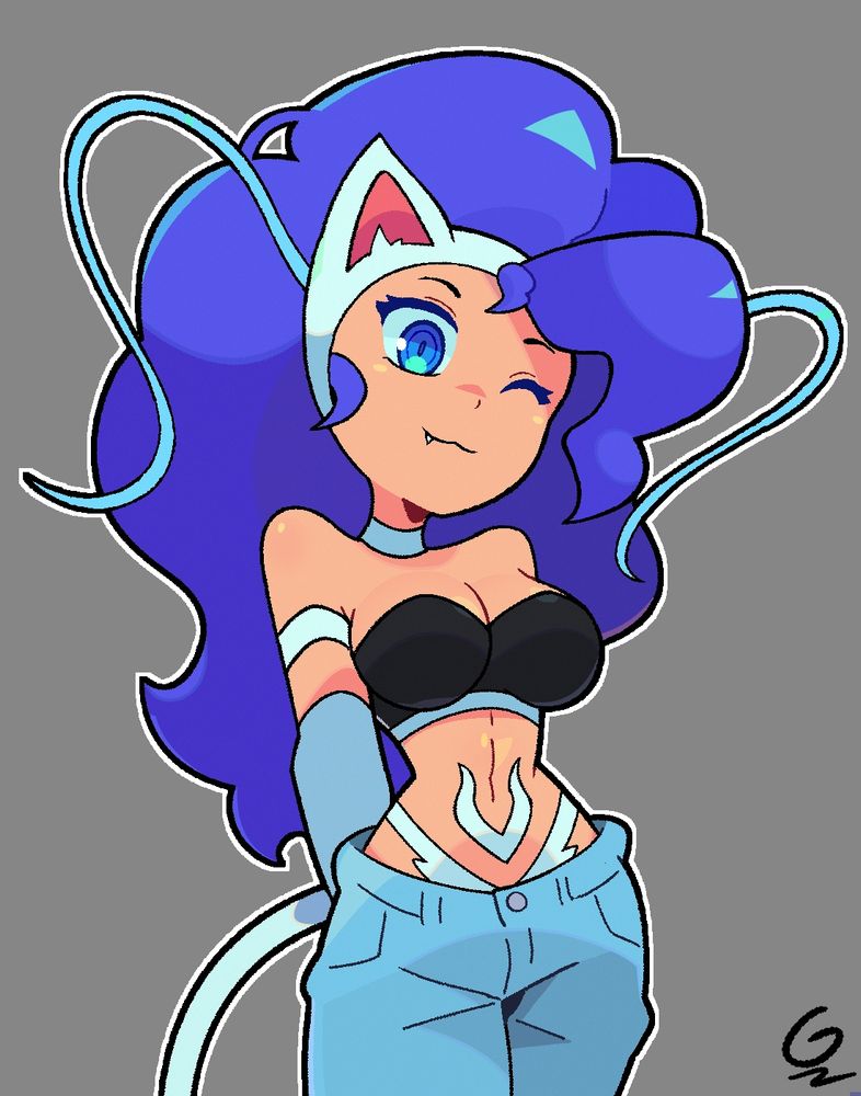 Felicia from Darkstalkers wearing Jeans and a sports top, winking