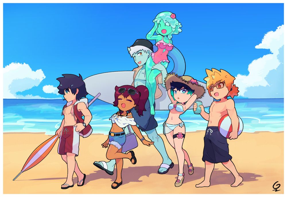 Only artwork from July. Drawing of my ocs taking a walk on the beach. All dressed in swimsuits. From left to right: Dex (male, green eye, black hair, profile view, holds parasol, popsicle stick in mouth) Liv (female, brown hair, closed eyes, one leg up, happy expression with open mouth) Damian (male, blue skin, oni, holding surfboard, one eye closed, orange eye, muscular build, carries Peppermint on shoulder) Peppermint (female, slime girl, pink swimsuit, eyes closed, happy) Kei ( female, arms behind head, blue/green eyes, wears strawhat, looking to Renfield) Renfield (male, wears sunglasses, red eyes, short blond hair with tied bun, carries beach ball, offers a canned drink to Kei)