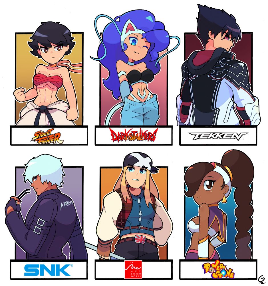 Six fanarts (fighting games) challenge. Drawings of:
Makoto - Street Fighter
Felicia - Darkstalkers
Jin - Tekken
K' - King Of Fighters
Axl Low - Guilty Gear
Rouge - Power Stone