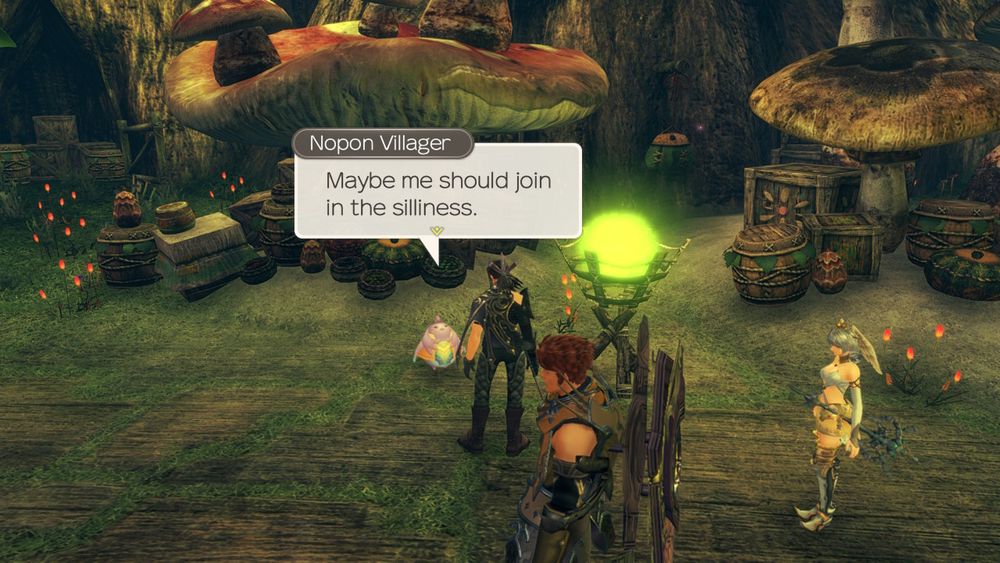 Screenshot from Xenoblade Chronicles Definitive Edition of a Nopon in Frontier Village saying "Maybe me should join in the silliness."