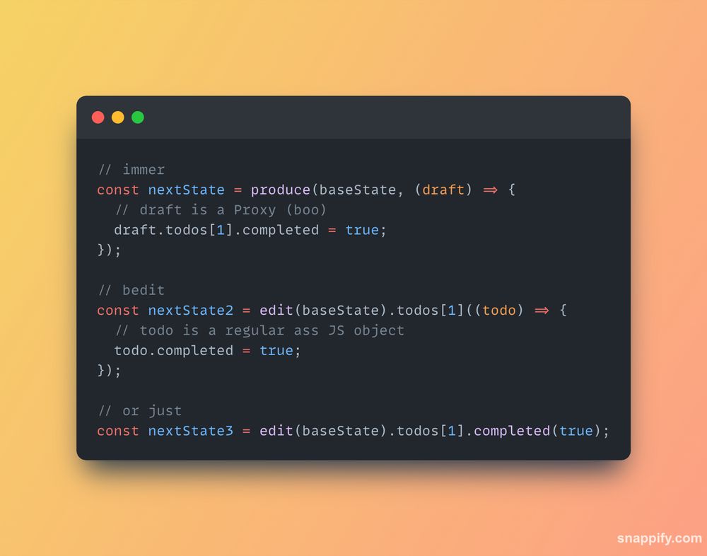code snippet showing a comparison of two APIs for working with immutable data