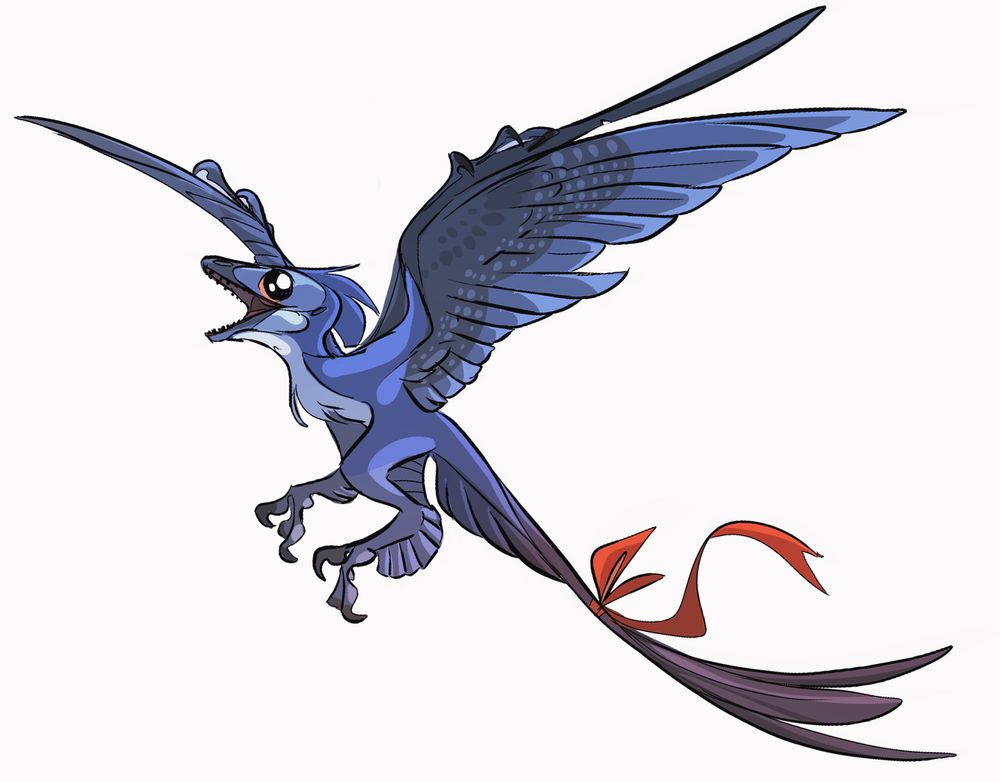 Blue shiny Microraptor with a red ribbon