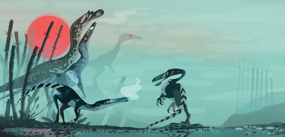 A group of multi-aged Coelophysis dinosaurs in a backdrop of a foggy morning