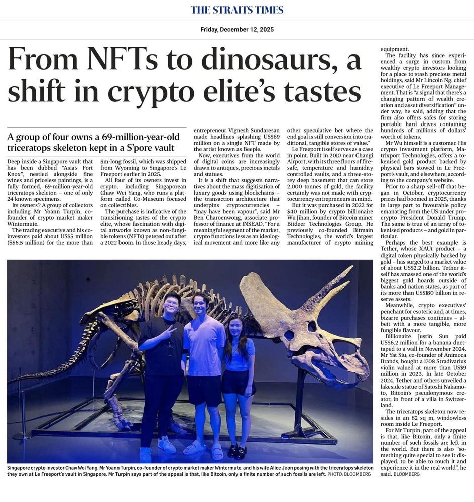 Article in Straits Times, From NFTs to dinosaurs sift in crypto elite taste 