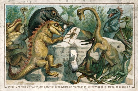 Natural History Museum London by Thomas De la Rue. Caption "Ideal impression of a future creation discovered by Professors Ichthyosauraus, Megalosaurus, & Co.”