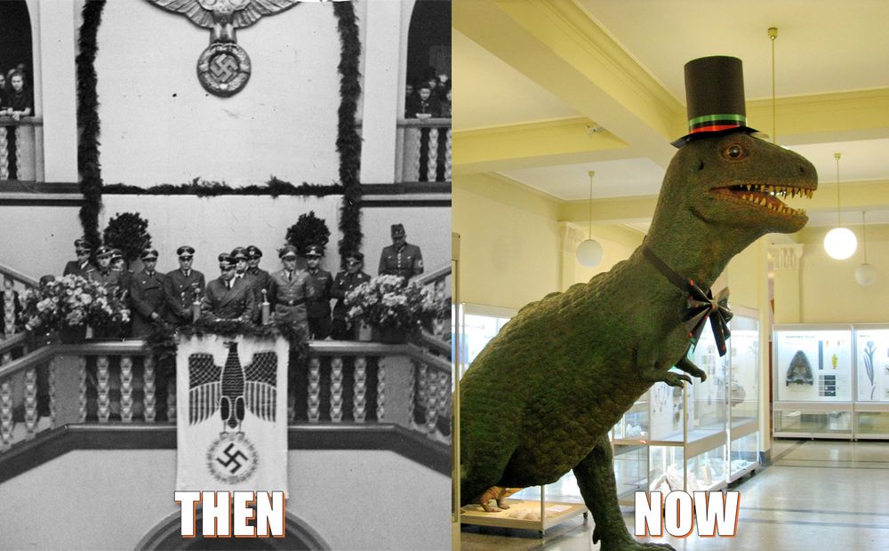 Two photographs from the same building, Akademia Górniczo–Hutnicza, the mining academy in Krakow. From 1940s till 2010s. 
