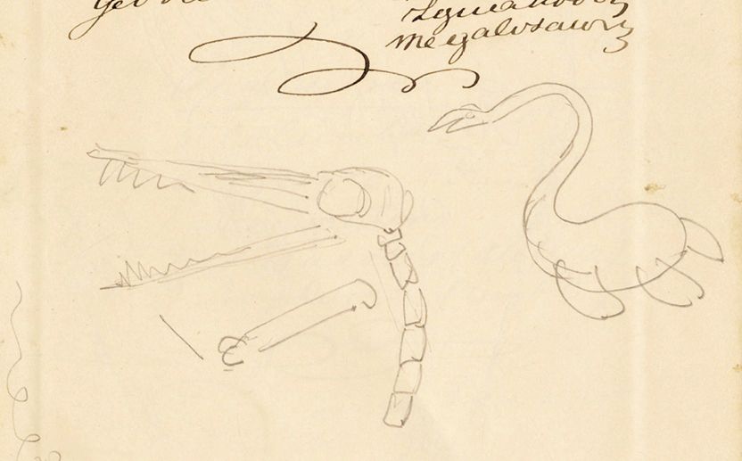 Doodle below writing of a plesiosaur and Pterodactyl