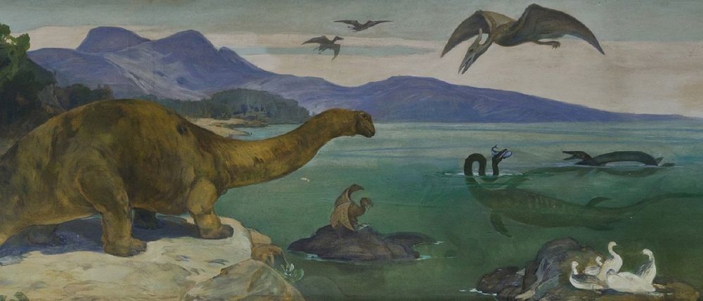 A sauropod overlooking a lagood with white birds, pterosaurs and plesiosaurus 