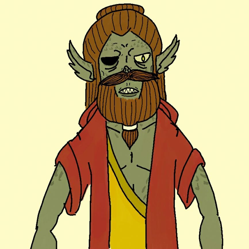 A bearded, one-eyed githyanki wearing red and yellow robes