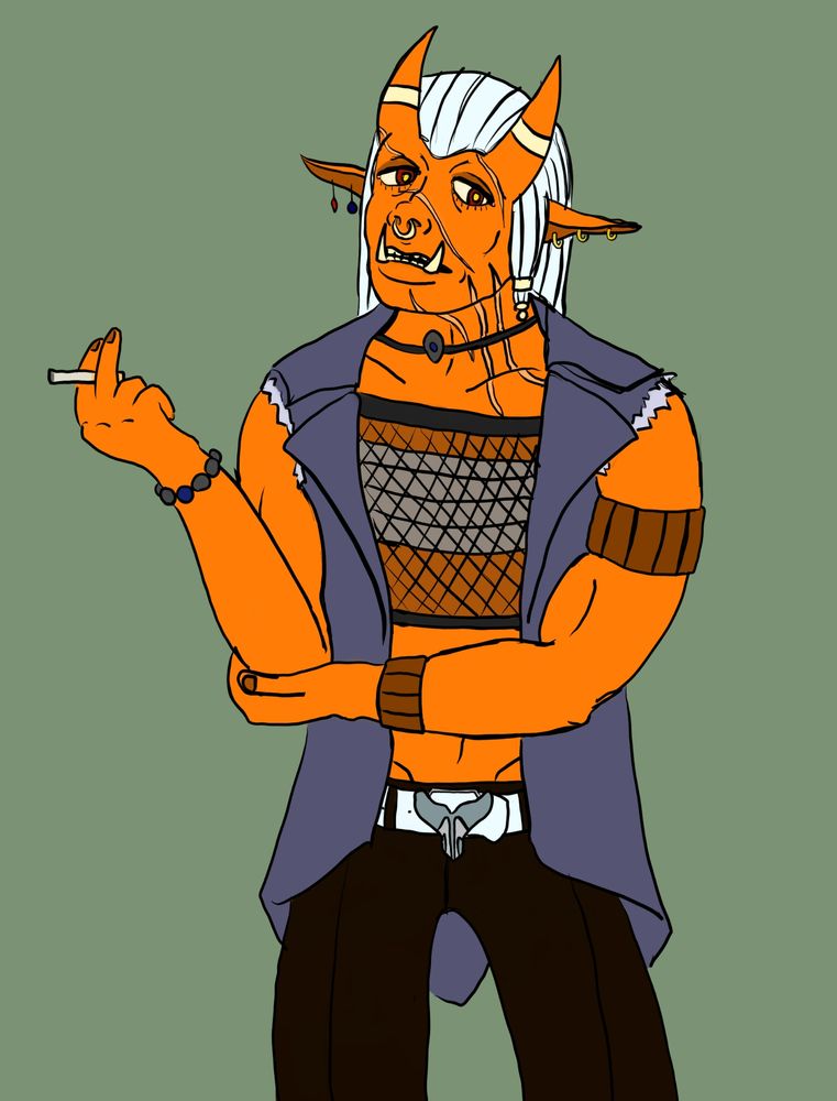An orange, white-haired oni with a scarred face and neck. They are holding a cigarette between two fingers and appear disinterested in the subject of their attention.