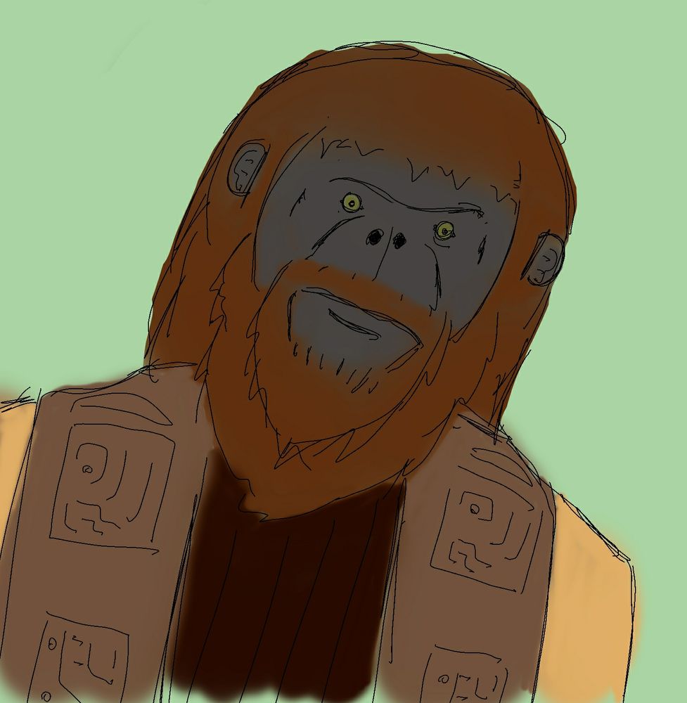 A roughly drawn head and shoulders portrait of a classic planet of the apes styled orangutan-man-type character. His name is Father Goru.