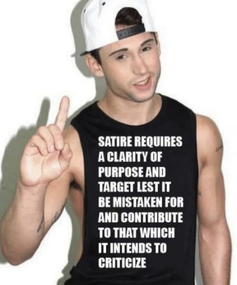 the guy in a sleeveless shirt that says SATIRE REQUIRES A CLARITY OF PURPOSE AND TARGET LEST IT BE MISTAKEN FOR AND CONTRIBUTE TO THAT WHICH IT INTENDS TO CRITICIZE