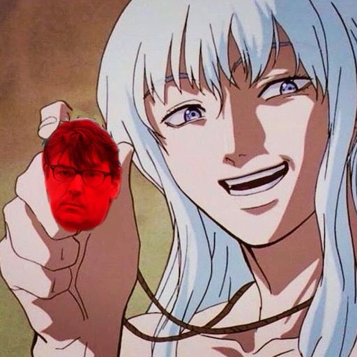 griffith berserk, holding his crimson behelit which is graham linehans head