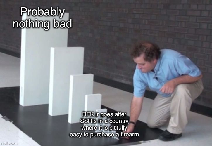 dominos meme where the little domino is “RFK jr goes after SSRIs in a country where it is pitifully easy to purchase a firearm” and the big domino says “probably nothing bad”