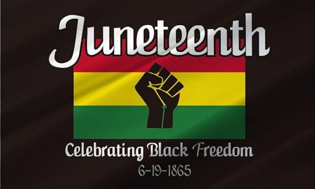 A Juneteenth Flag that states "Celebrating Black Freedom 6-19-1865