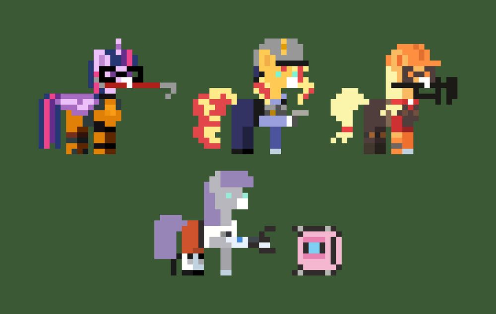 Pixel art sprites of Twilight Sparkle, Sunset Shimmer, Applejack, Maud Pie and Pinkie Pie. Depicted as Gordon Freeman, Barney Calhoun, Engineer, Chell and Wheatley.