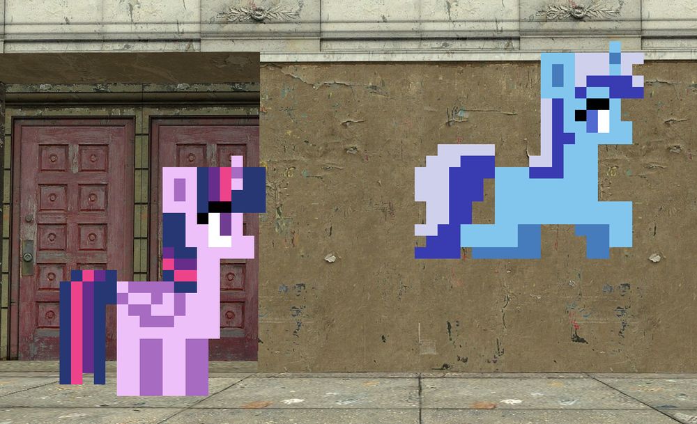 Sprites of Twilight Sparkle and Minuette in gm_bigcity on GMod, with Twilight looking up as Minuette is leaping in the air.