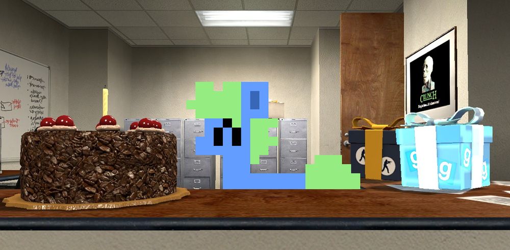 Pixel art sprite of GatorGoatJohnny's oc Shuffle, celebrating his birthday, edited into a Garry's Mod screenshot which has a cake from Portal as well as gift boxes based on Counter-Strike Source and GMod.