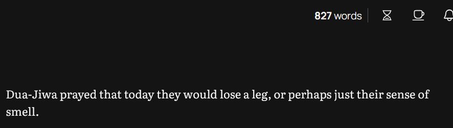 A screenshot of the wordcount and first sentence of a short story written in the Ellipsus collab writing tool.