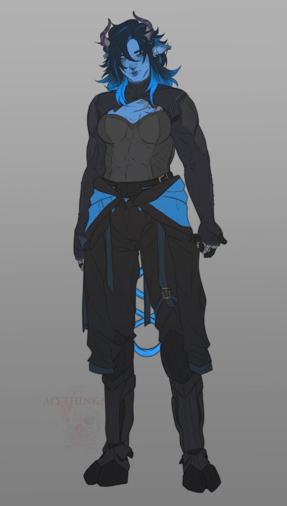 Art of my dnd character who is a blue minotaur and has lots of muscles 