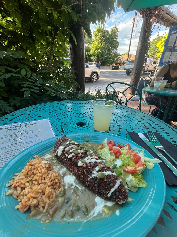 Taos Inn, chile relleno topped w pumpkin seeds and a margarita 