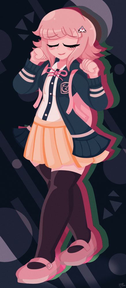 Lineless art of Chiaki Nanami from (Super) Danganronpa 2, in front of a black and white tech-ish background.