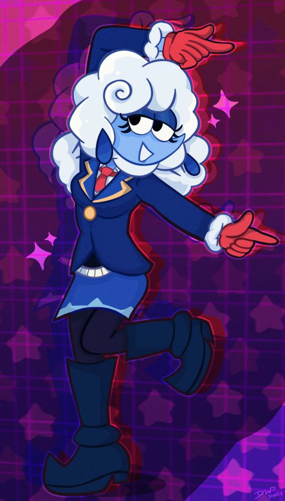 Artwork of Elnina, a blue lamb-esque character, from the video game "DELTARUNE". She's wearing blue raindrop earrings, a blue and yellow suit with a red tie and a black and grey sweater vest underneath and white cloudy ruffles on the sleeves, a blue skirt, red gloves, black stockings, and navy blue boots. She's doing a stylish pose with both of her hands pointing towards the right of the screen, in front of a magenta and purple starry grid background.