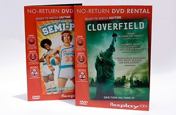 Photo of two movies on Flexplay DVD, another failed format similar to DivX, except the time limit for it comes in the form of the disc eventually rotting. (Normally, this would take place about two days after viewing.)