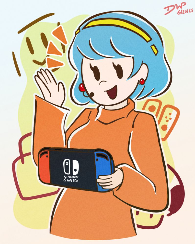 Artwork of Amelia N., a mascot created by Nintendo for Nintendo Switch Information Center. Here, she is seen greeting the viewer while holding a Switch (with orange and blue joycon). Behind her are several icons associated with the Nintendo Switch, such as the Friends icon and a Super Mushroom.