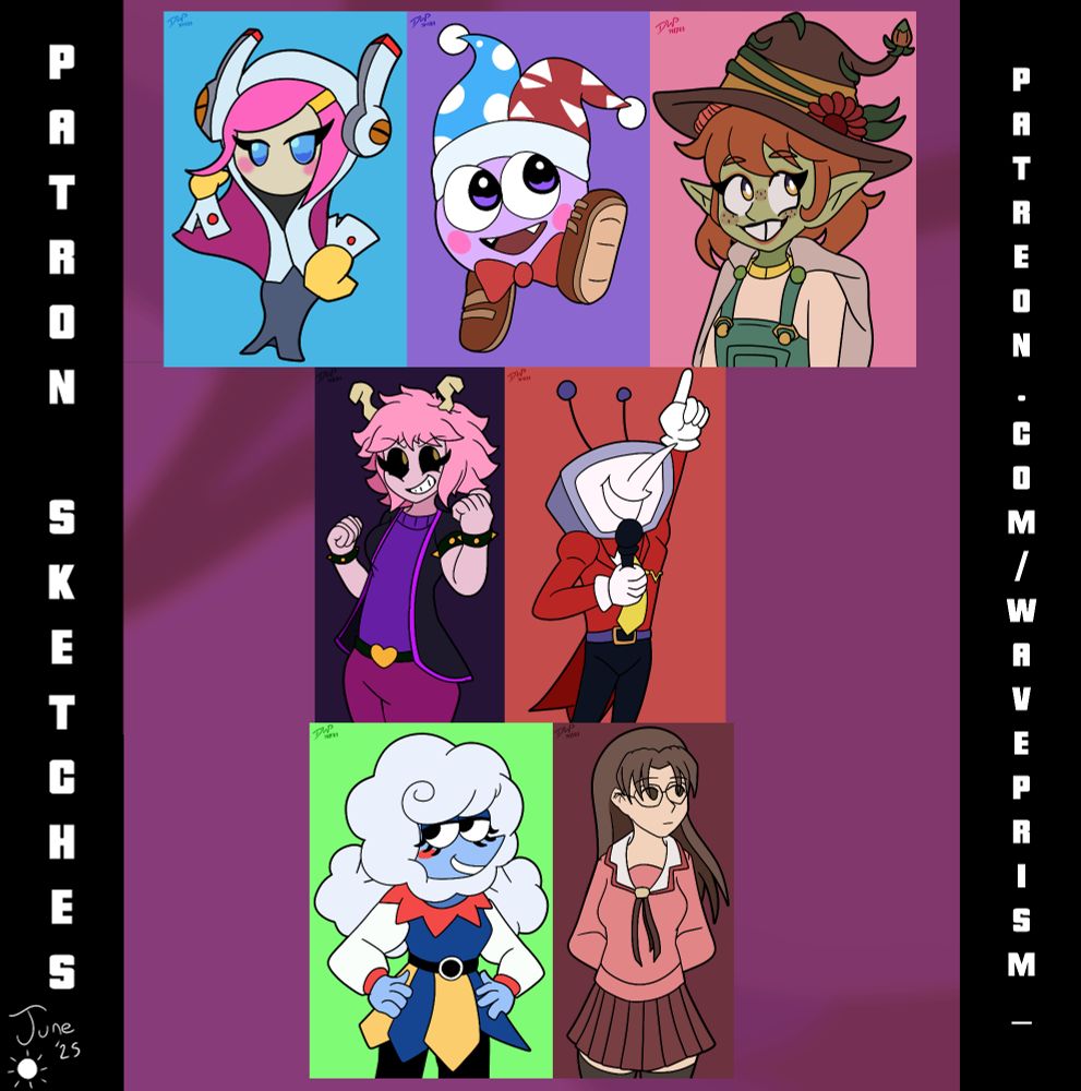 A series of sketched made for my Patreon subscribers. 
Row one: Susie (Kirby), Marx (base form, Kirby), Sunspixx (OC)
Row two: Mina (MHA) dressed as Susie Deltarune (DELTARUNE), Tenna (DELTARUNE) 
Row three: Elnina (DELTARUNE), Yomi (Azumanga Daioh!)