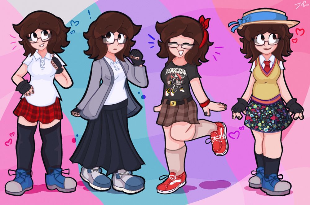My avatar character Autumn, a nerd girl with short, frizzly brown hair and cute black-ish glasses, in various outfits set stop a pink, blue, and purple background. From left to right:
- Autumn in a white polo shirt, a red plaid skirt, blue hi-tops, black thigh highs, and black fingerless gloves. Here, she is seen posing with her right hand on her hip, her left on her chest, and a cute smile on her face. 
- Autumn in another white polo, a gray cardigan, a black maxi skirt, black fingerless gloves, and a pair of Hey Dude-esque grey and blue shoes. She's posed as if she were walking and just happened to notice you. 
- Autumn wearing a dark grey Shadow the Hedgehog shirt, a red headband, a red bracelet (on her left wrist), cream socks, and red shoes with a white stripe on the side. She's posed with another cute smile and her left leg slightly lifted up. 
- Autumn wearing another white polo (it's just her style), a red tie, a cream sweater vest, an UNDERTALE skort, a straw boater hat with a blue bow and band, black thigh highs, and the same blue hi-tops from the first outfit. She gazes in the other direction, with a calm, happy expression. 