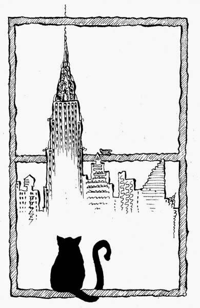 Eine schwarze Katze sitzt auf einem gezeichneten  Fensterrahmen, vor ihr die Skyline von Manhattan mit dem Chrysle Building