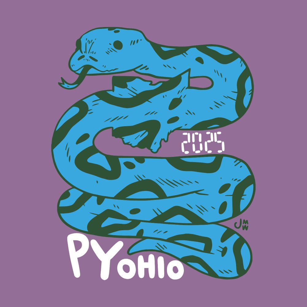 The PyOhio 2025 Logo: A snake that has swallowed the state of Ohio looking off to the left with its tongue out. The body of the snake is zig-zagging folded over itself a couple of times. On the middle, righthand side of the snake is the year, 2025, and on the bottom, lefthand side is PyOhio. The artists signature, JMW, is in small lettering on the right hand side of the snake, a bit higher up than the word "PyOhio" on the logo.