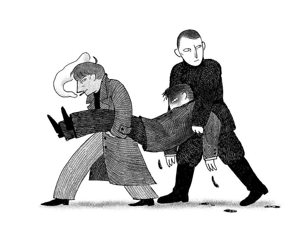 Ink sketch of a middle-aged woman and a man in a dark uniform carrying a bleeding corpse together.