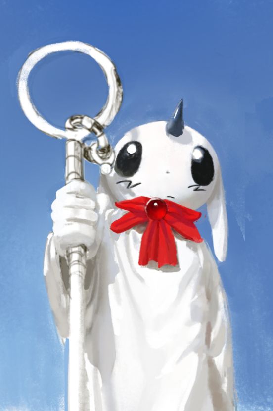 My friends oc, Peacemaker, looks to the sky. He is holding a staff in front of him, and wears a bright red beautiful pretty sweet and lovely ribbon.