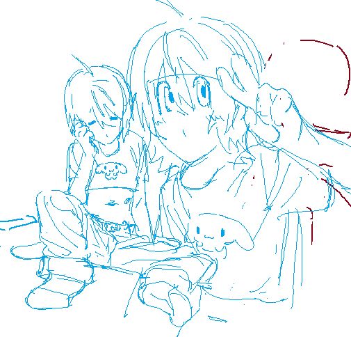 Bunny OC sketches. In one sketch he is drawn sitting on the floor holding his head. In the other, he is drawn holding a peace sign.