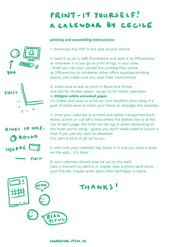 calendar printing instructions