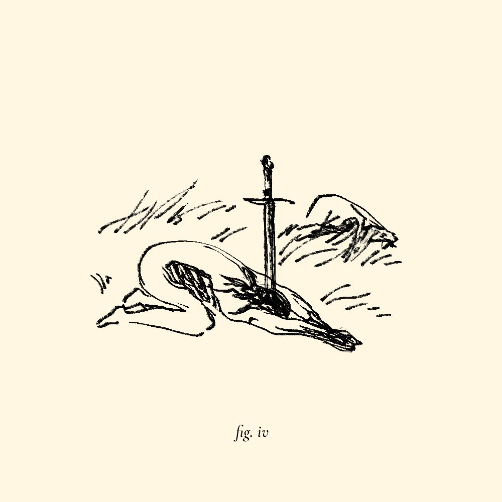 a figure prostrated in a field, their ribcage revealed by a large gash. a sword is planted vertically into the ground, piercing the back of their skull.