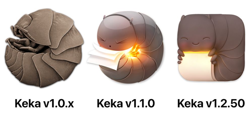 keka logo representing a pillbug going progressively more cartoonish and cute from version 1.0.x to 1.1.0 to 1.2.x