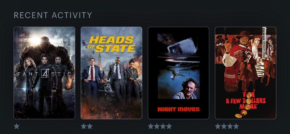 Last Four Watched

Fantastic Four (2015)
Heads of State
Night Moves
For A Few Dollars More